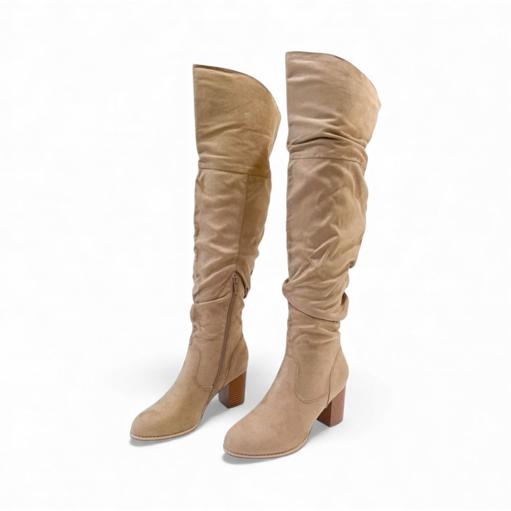 Journee Collection Kaison Over The Knee Tall Boots Suede Block Heel Tan 7 NEW